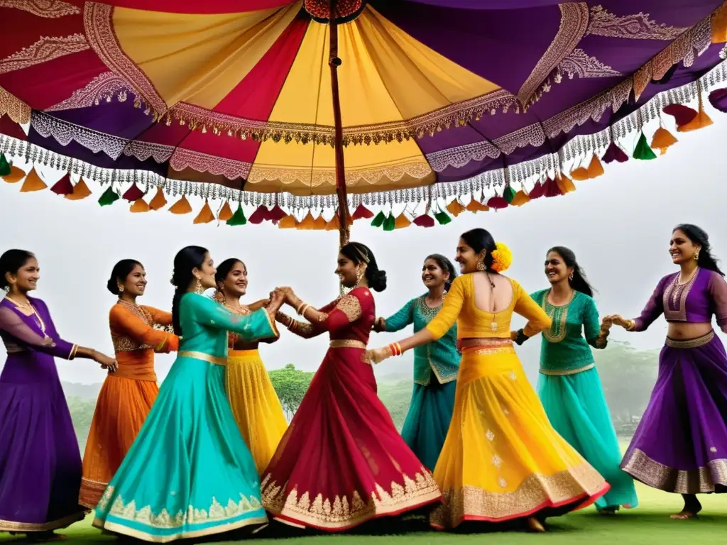 Colorida celebración del festival Teej: mujeres danzando bajo la lluvia monzónica, ataviadas con trajes tradicionales y henna en las manos