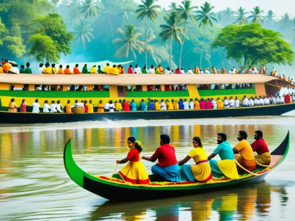 Colorida celebración del Festival Onam en Kerala, con tradicionales barcos y vestimenta festiva en la animada carrera de botes