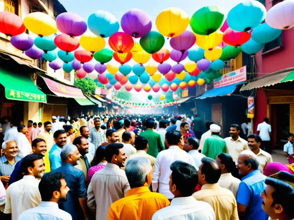 Una colorida celebración de Eid en India, con gente vestida de manera tradicional y participando en festividades alegres