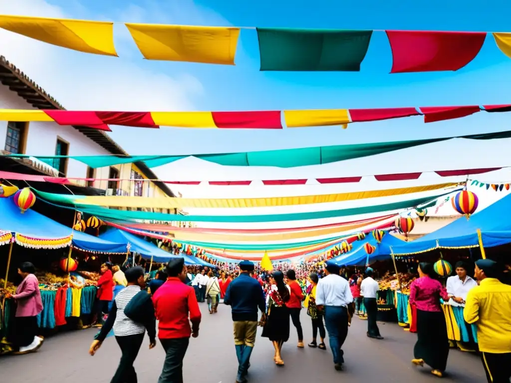 Colorida celebración multicultural en las calles de Lima, fusionando gastronomía y folklore en una atmósfera festiva