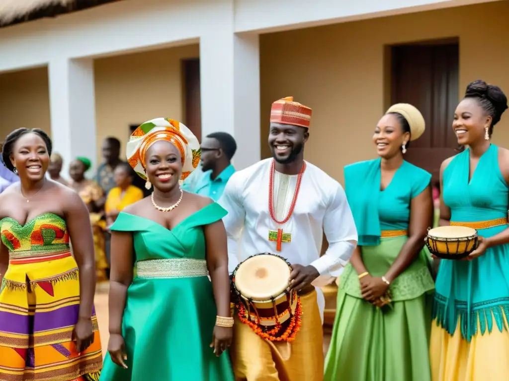Boda tradicional africana llena de color y alegría Una colorida ceremonia de boda tradicional africana en África Francófona, con vibrantes atuendos tradicionales, danzas alegres y ritmo de tambores