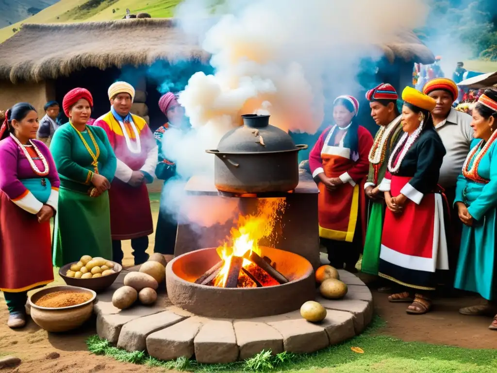 Una colorida ceremonia de Pachamanca en Perú, mostrando la cocción subterránea de alimentos y la rica tradición culinaria