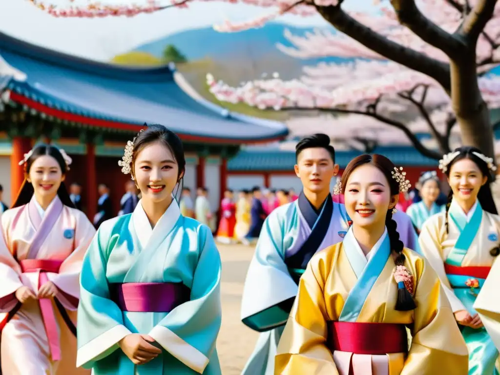 Colorida ceremonia de mayoría de edad en Corea con jóvenes vestidos de hanbok y maquillaje tradicional, entre cerezos en flor