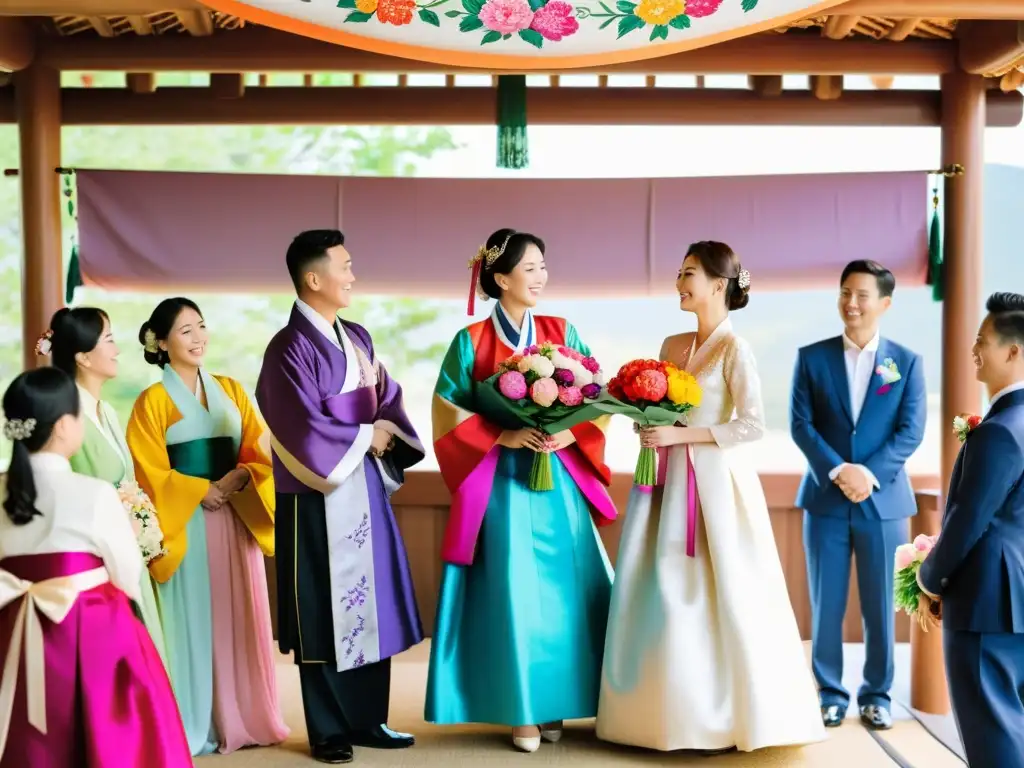 Colorida ceremonia nupcial coreana con el Brindis de los Tres Sorbos y vibrante simbolismo cultural