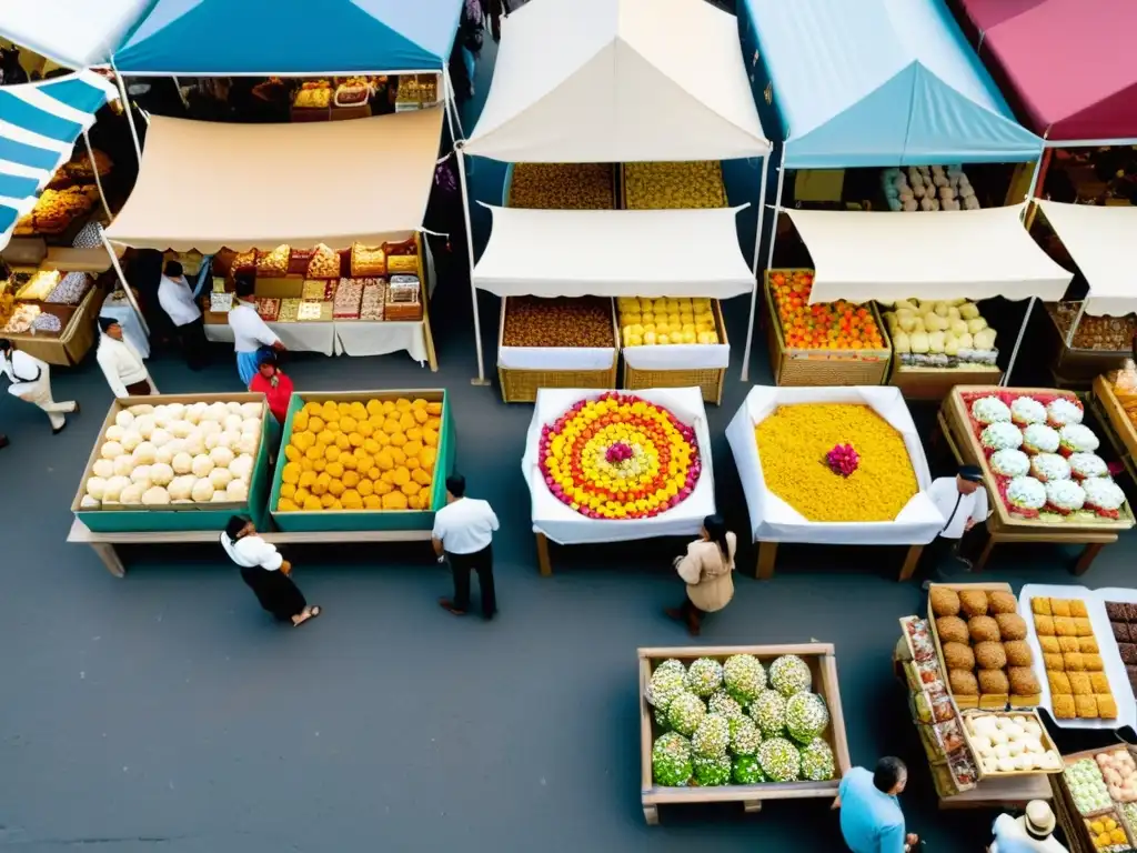 Colorida exhibición de dulces tradicionales en un mercado histórico, capturando la esencia de la rica herencia culinaria y la historia de la nación