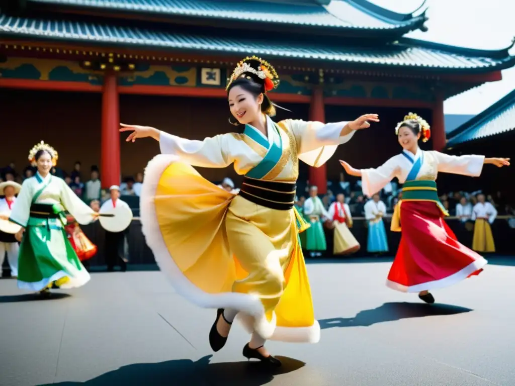 Colorida escena del festival Nagasaki Kunchi, con danzas, trajes tradicionales y diversidad cultural vibrante