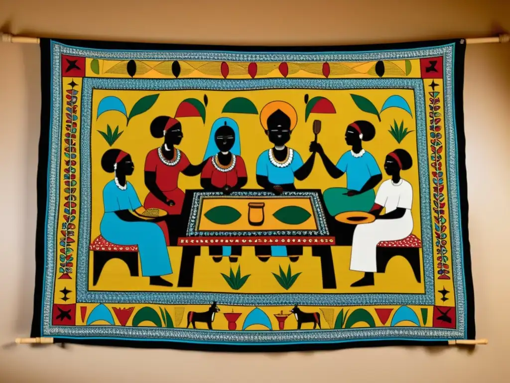 Una colorida escena senegalesa de hospitalidad con un tapiz intricado en una mesa de madera, destacando el ritual de hospitalidad en Senegal