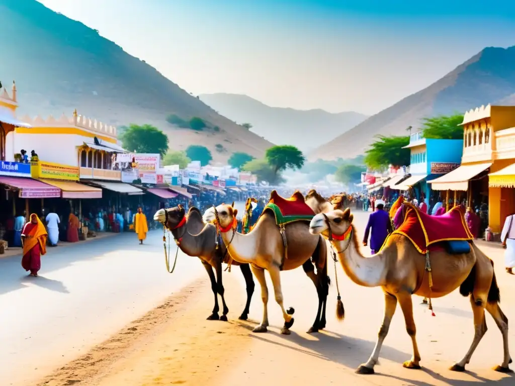 Colorida feria de Pushkar: tradiciones espirituales, mercado bullicioso, lago sagrado y paisaje único