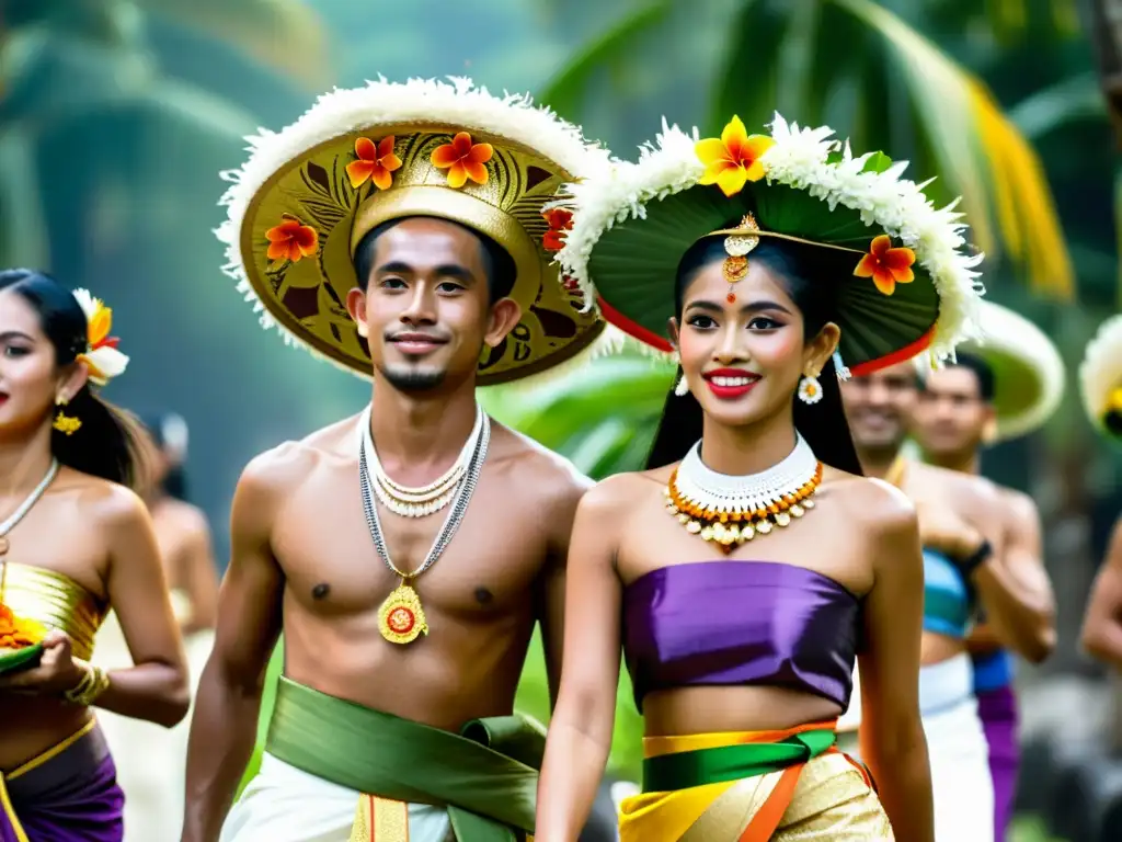 Procesión colorida del Festival Galungan en Bali, con trajes tradicionales, ofrendas y danzas ceremoniales entre exuberante vegetación tropical