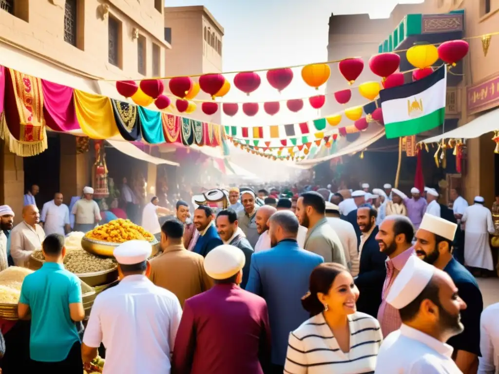 Colorida celebración durante la Festividad del Moulid en Egipto, con música, comida y desfile festivo en el bullicioso mercado egipcio