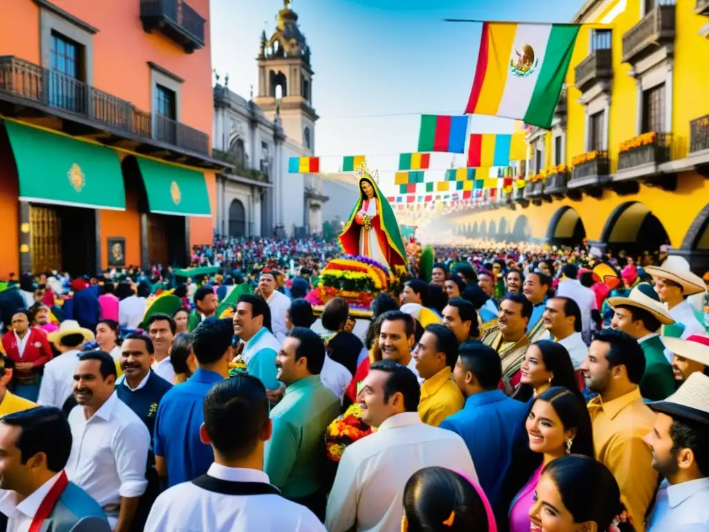 Colorida procesión en México con la Fiesta de la Virgen de Guadalupe, música y decoraciones festivas al atardecer