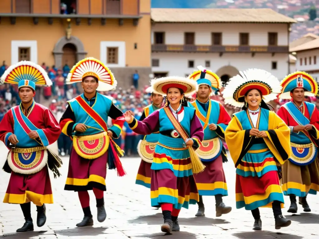 Colorida celebración de la Fiesta del Inti Raymi en Cusco, con danzas y música tradicional frente a la arquitectura histórica