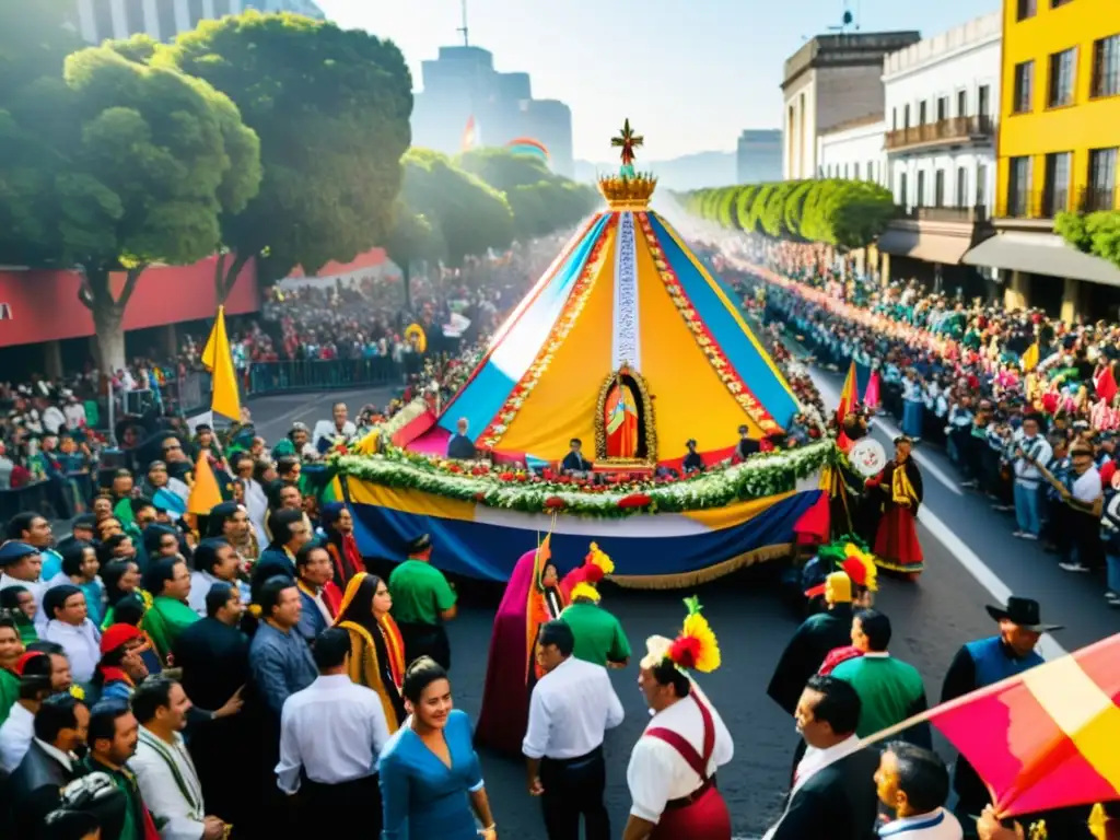 Colorida procesión de la Fiesta de la Virgen de Guadalupe en México, con trajes tradicionales y música festiva