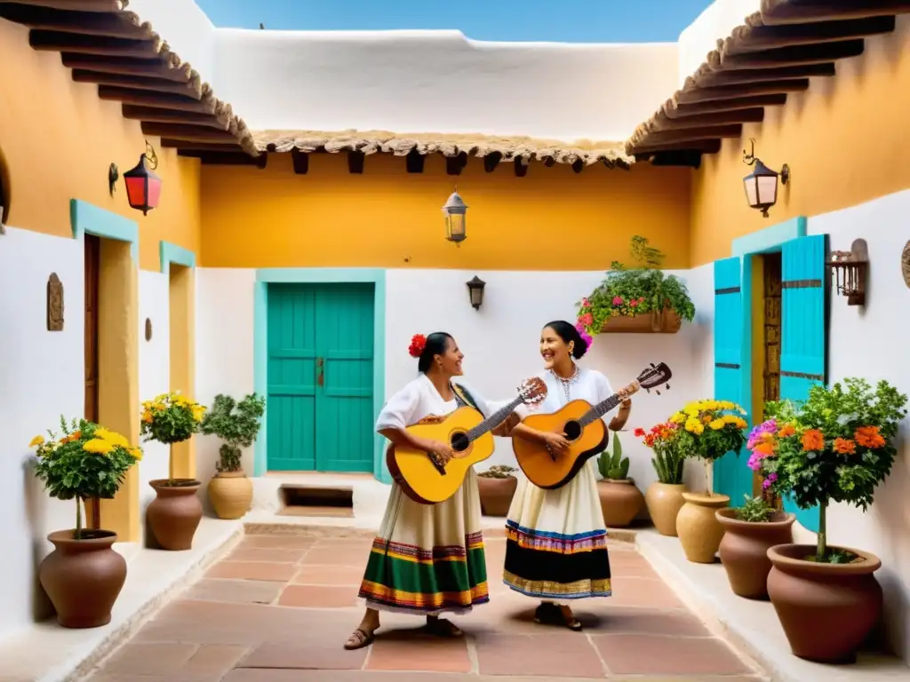 Colorida vida en el campo tradiciones: patio de hacienda con plantas, flores, baile y música folclórica