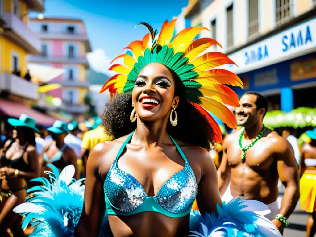 Colorido Carnaval de Río: vibrante calle llena de energía, trajes llamativos, música samba y la esencia festiva de Brasil