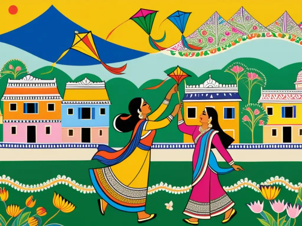 Colorido cuadro Madhubani Sankranti, mujeres vistiendo sarees, volando cometas y casas decoradas con flores de loto