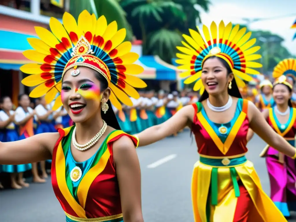 Colorido desfile callejero durante el Festival Kadayawan en Filipinas, mostrando la diversidad cultural y la alegría festiva