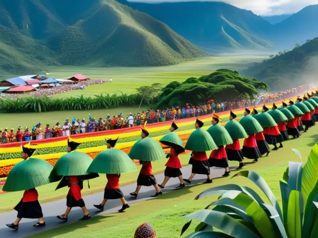 Colorido desfile del Festival de la Cosecha KadazanDusun Sabah con trajes tradicionales, música y paisaje exuberante