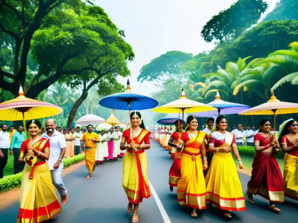 Colorido desfile del Festival Onam tradición Kerala, con danzas, vestimentas y ornamentos vibrantes en medio de exuberante vegetación