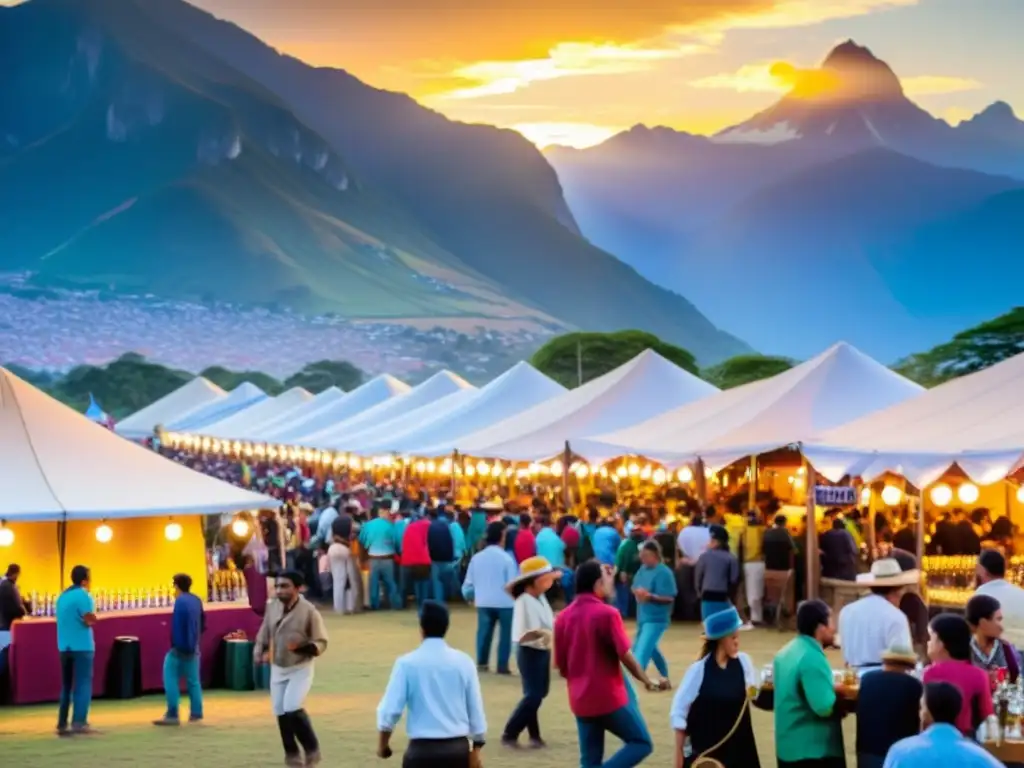 Colorido festival de cerveza en América Latina, con baile tradicional y montañas al atardecer