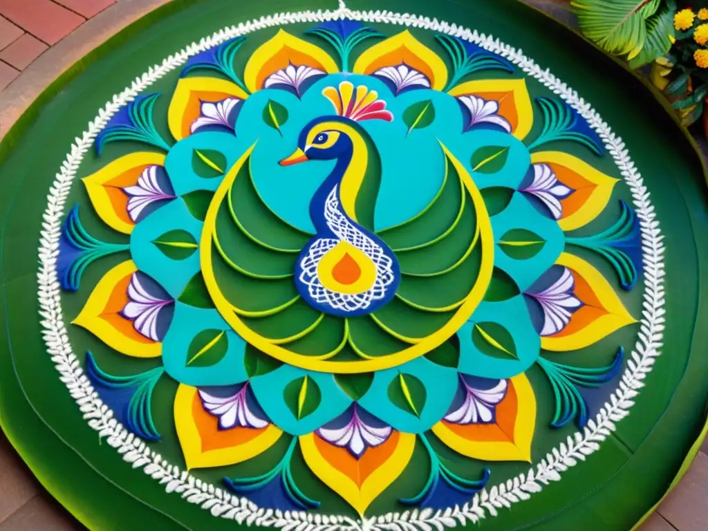 Un colorido diseño de kolam en el Festival Pongal, agradeciendo a la naturaleza con patrones de pavos reales y flores en armonía