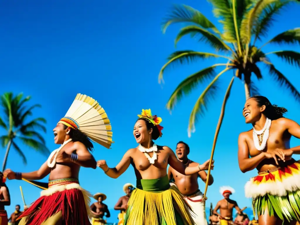 Colorido festival de música tradicional del Pacífico, evolución música Pacífico global, energía y alegría en la atmósfera festiva bajo palmeras y cielo azul