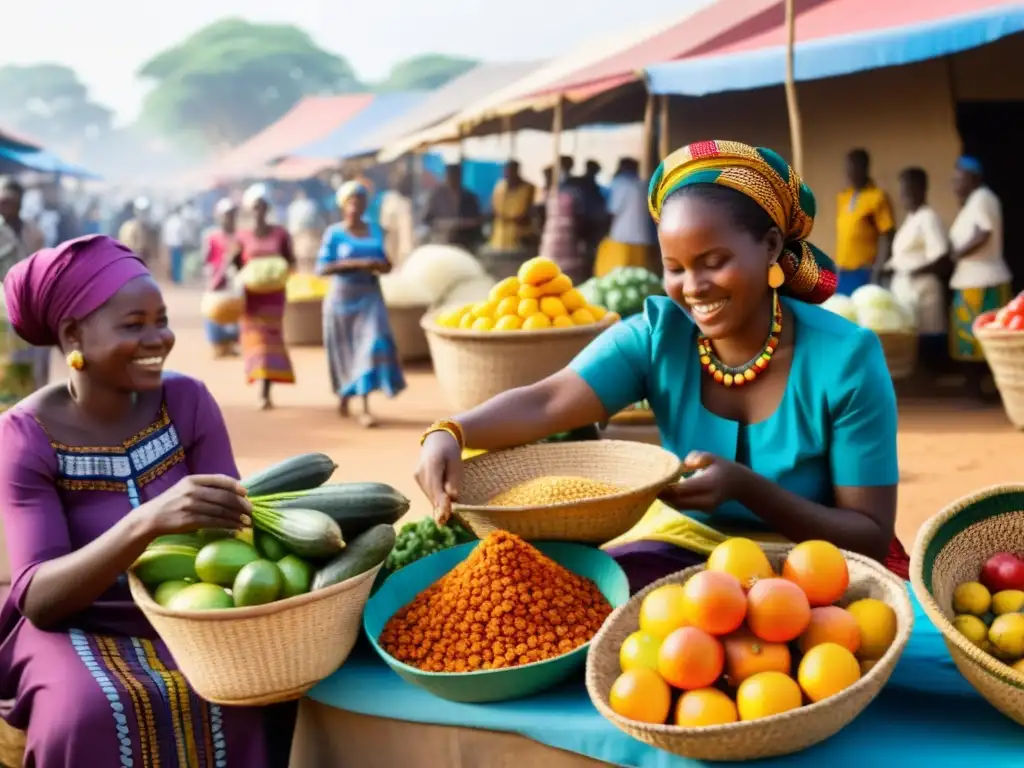 Colorido mercado africano con mujeres en trajes tradicionales vendiendo productos locales