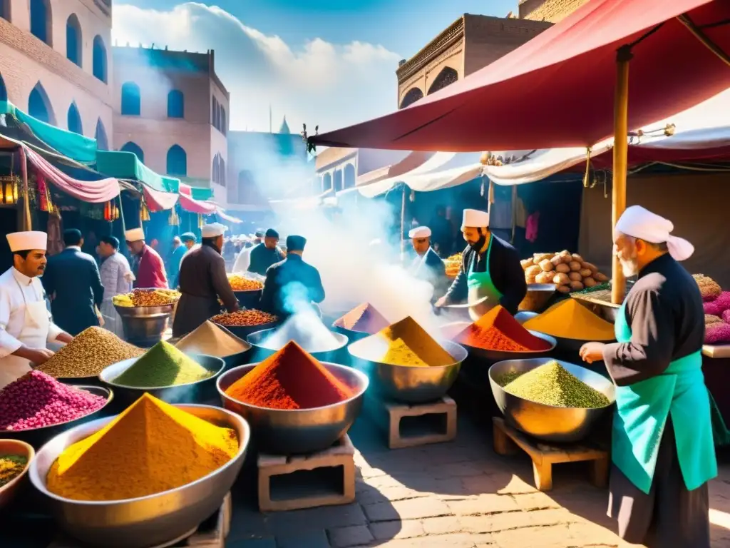Mercado vibrante en la Ruta de la Seda Colorido mercado al aire libre en la Ruta de la Seda, con puestos rebosantes de especias, frutas exóticas y tés aromáticos