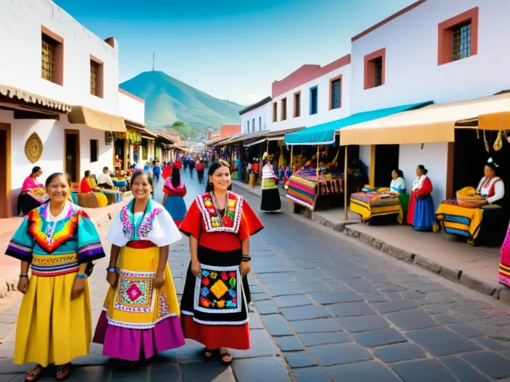 Colorido mercado en Michoacán con mujeres Purepecha vendiendo artesanías tradicionales entre edificios modernos