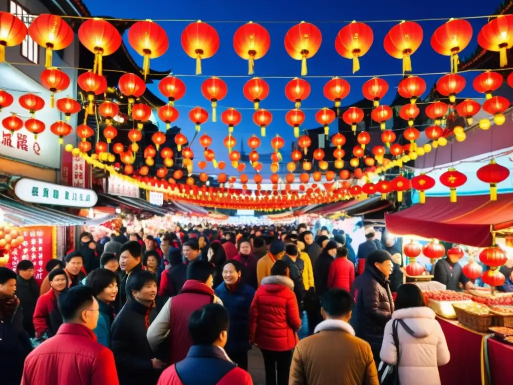 Colorido mercado nocturno en Taiwan durante la Celebración del Año Nuevo Lunar en Asia, con linternas rojas vibrantes y bulliciosa atmósfera festiva