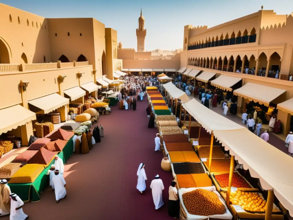 Colorido mercado en Arabia Saudita durante el Festival de los Dátiles, con frutas y telas vibrantes bajo el cálido sol del desierto