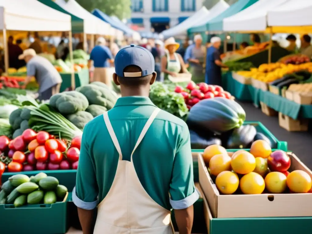 Colorido mercado agrícola con puestos de frutas y verduras frescas, chefs y compradores interactuando, reflejando la vitalidad y la conexión comunitaria de la cultura alimentaria local