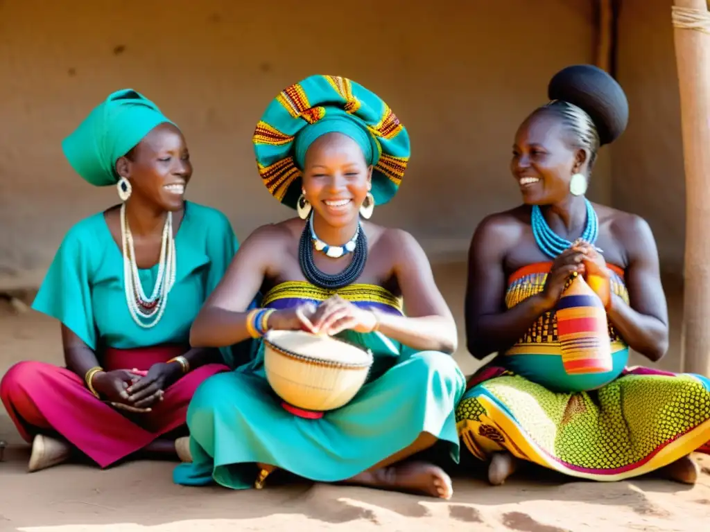 Colorido ritual de nacimiento en África: mujeres danzando y celebrando junto a una nueva madre y su bebé, en una comunidad unida al atardecer