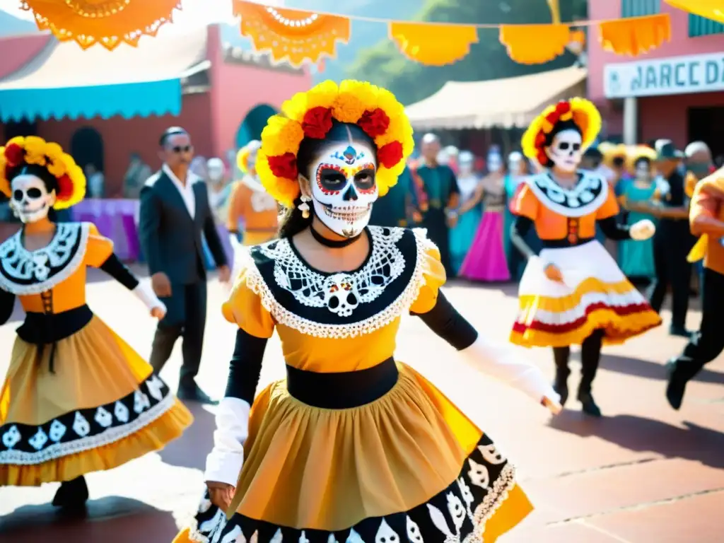 Danza de los Muertos: Colorida celebración en plaza llena Coloridos bailarines con máscaras de calaveras realizan la Danza de los Muertos en México, en una plaza llena de energía y tradición