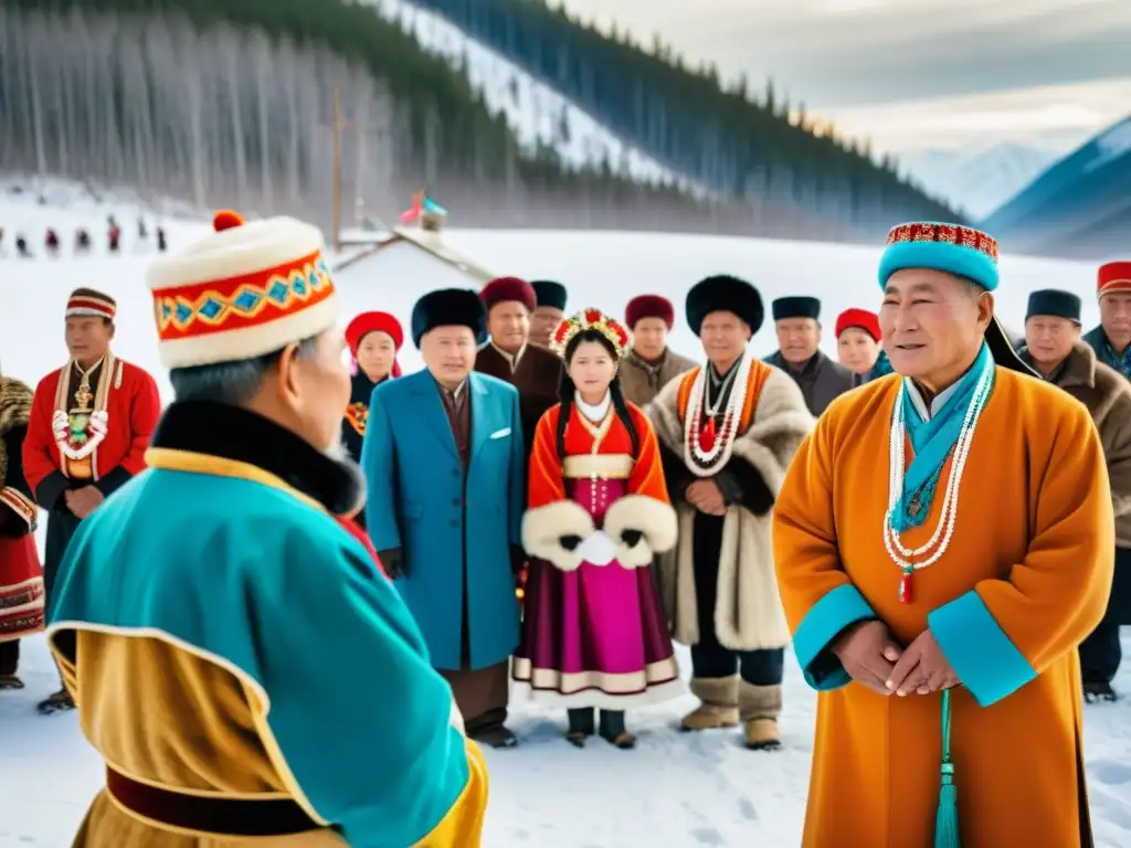 Coloridos rituales matrimoniales en la remota Siberia, con vestimenta tradicional y paisajes nevados, reflejando la diversidad cultural