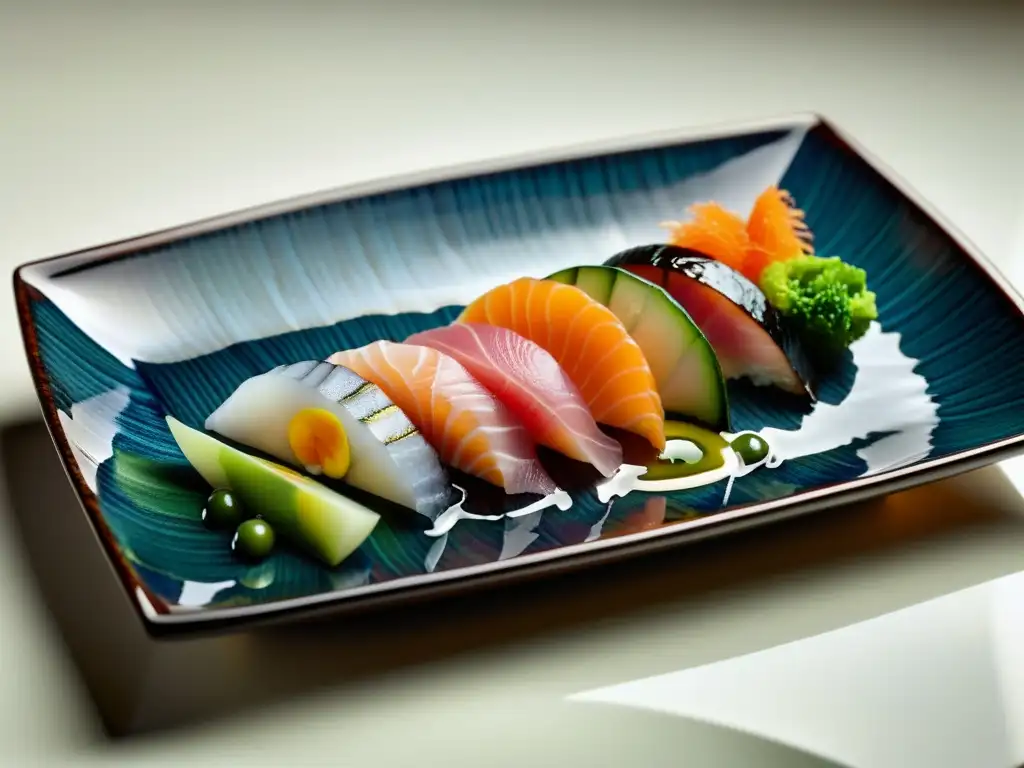 Una comida japonesa kaiseki meticulosamente presentada con sashimi, encurtidos y adornos, reflejando la estética en la presentación de platos japonesa