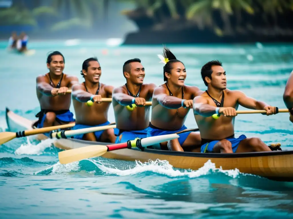 Competencia emocionante de deportes tradicionales polinesios contemporáneos en el océano, atletas remando con determinación