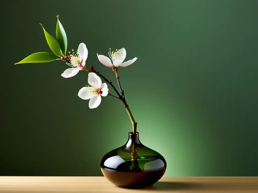 Una composición floral Ikebana, con delicadas flores de cerezo y tallos de bambú, transmite serenidad y equilibrio