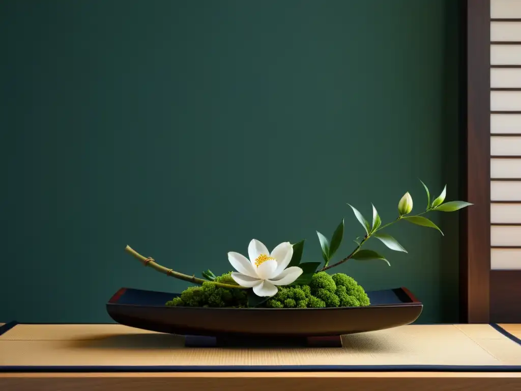 Una composición de ikebana japonesa tradicional en una elegante y serena atmósfera, destacando el significado cultural del ikebana en el arte japonés