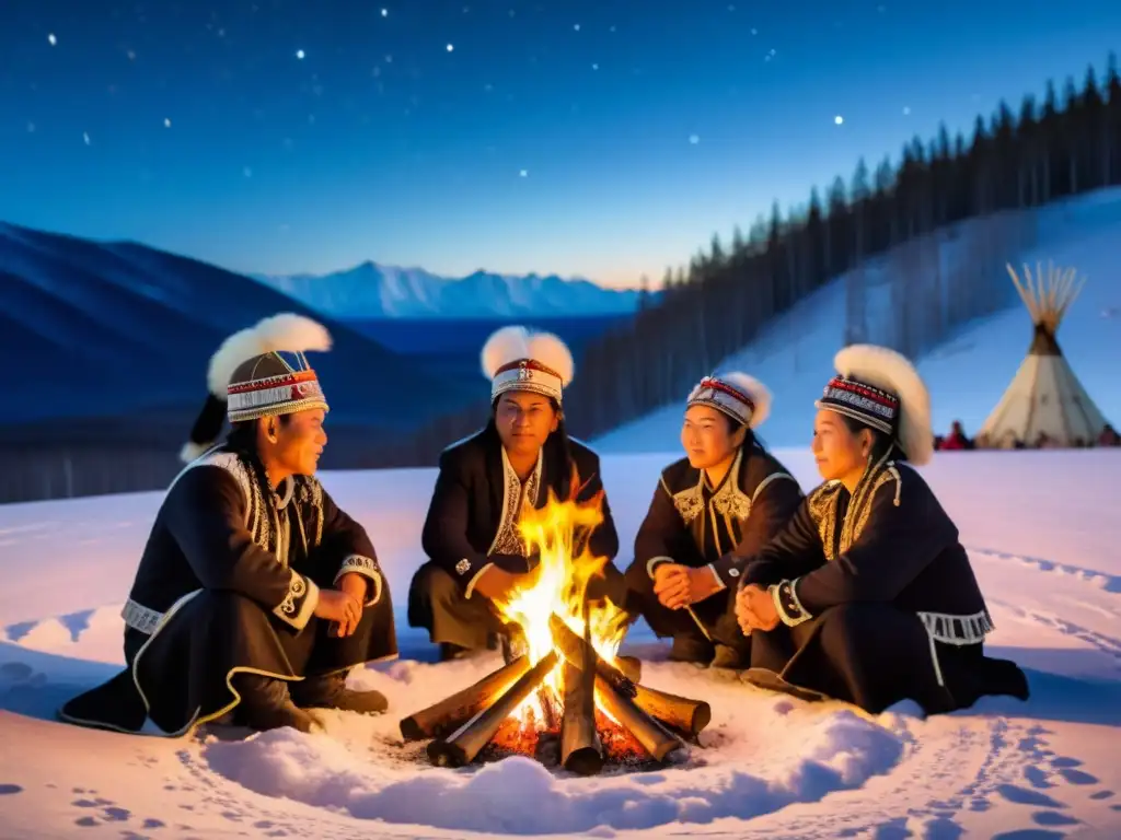 Comunidad indígena en el Festival de los Muertos en Siberia, con trajes tradicionales alrededor de una fogata, bajo un cielo estrellado y nevado