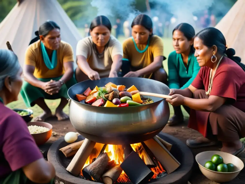 Una comunidad indígena prepara recetas ancestrales patrimonio cultural alrededor de una olla grande sobre fuego abierto