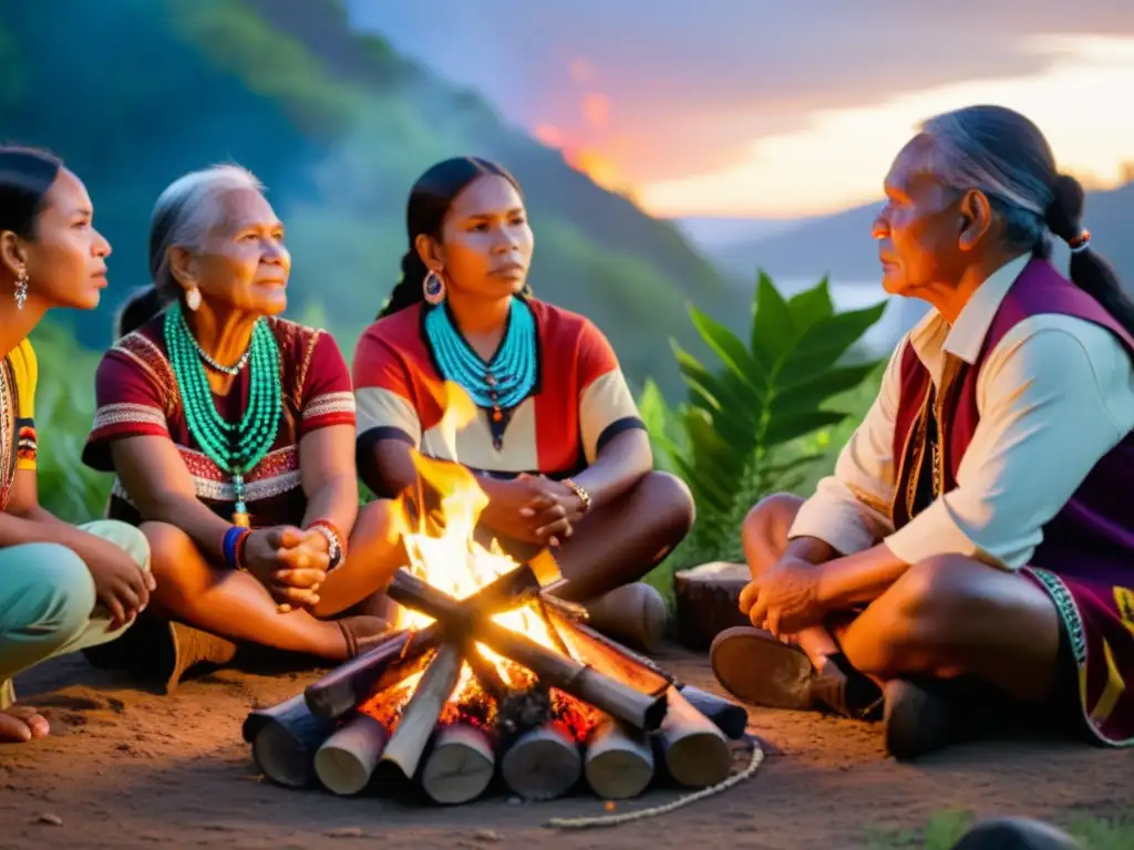 Comunidad indígena reunida alrededor de fogata, cantando canciones tradicionales en su idioma nativo