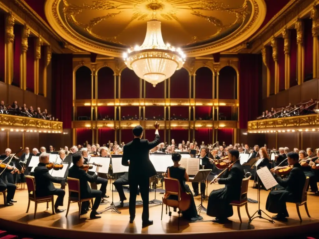 Concierto de música clásica en una majestuosa sala, con músicos tocando instrumentos y el director dirigiendo