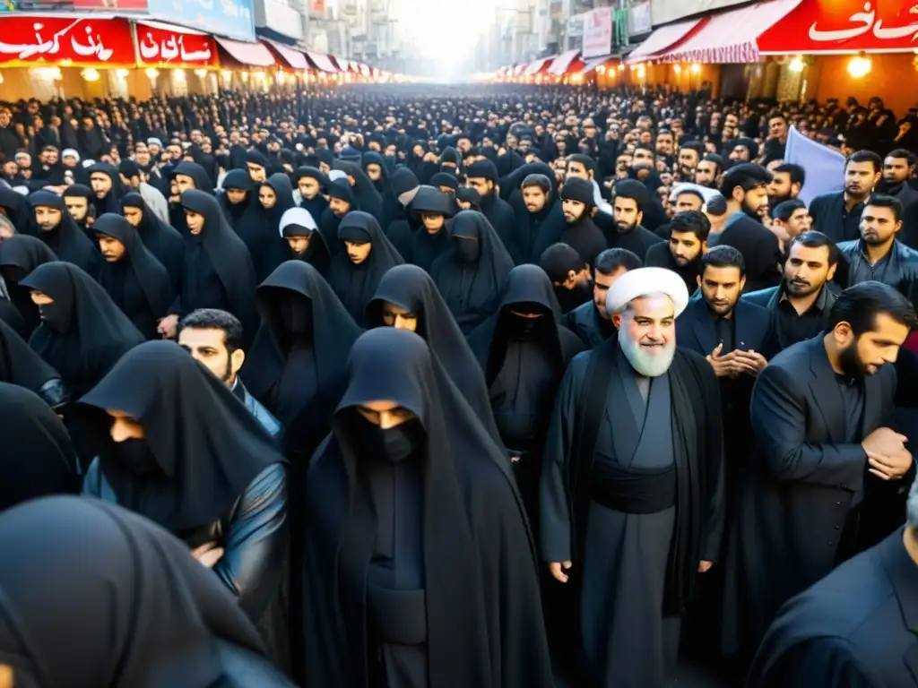 Conmemoración de Ashura en Irán: Multitud de musulmanes chiítas vestidos de negro se reúnen en las calles, llorando y recordando a Imam Hussein