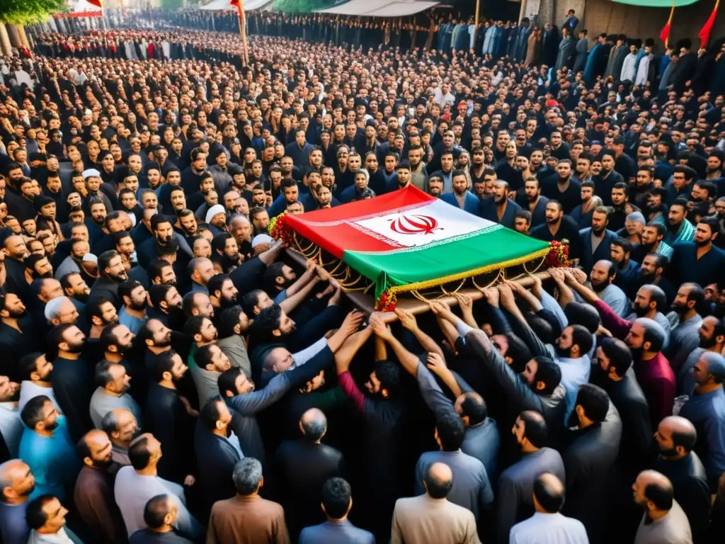 Conmemoración de Ashura en Irán: Multitud reunida en plaza, hombres golpean sus pechos al ritmo mientras otros participan en procesión religiosa