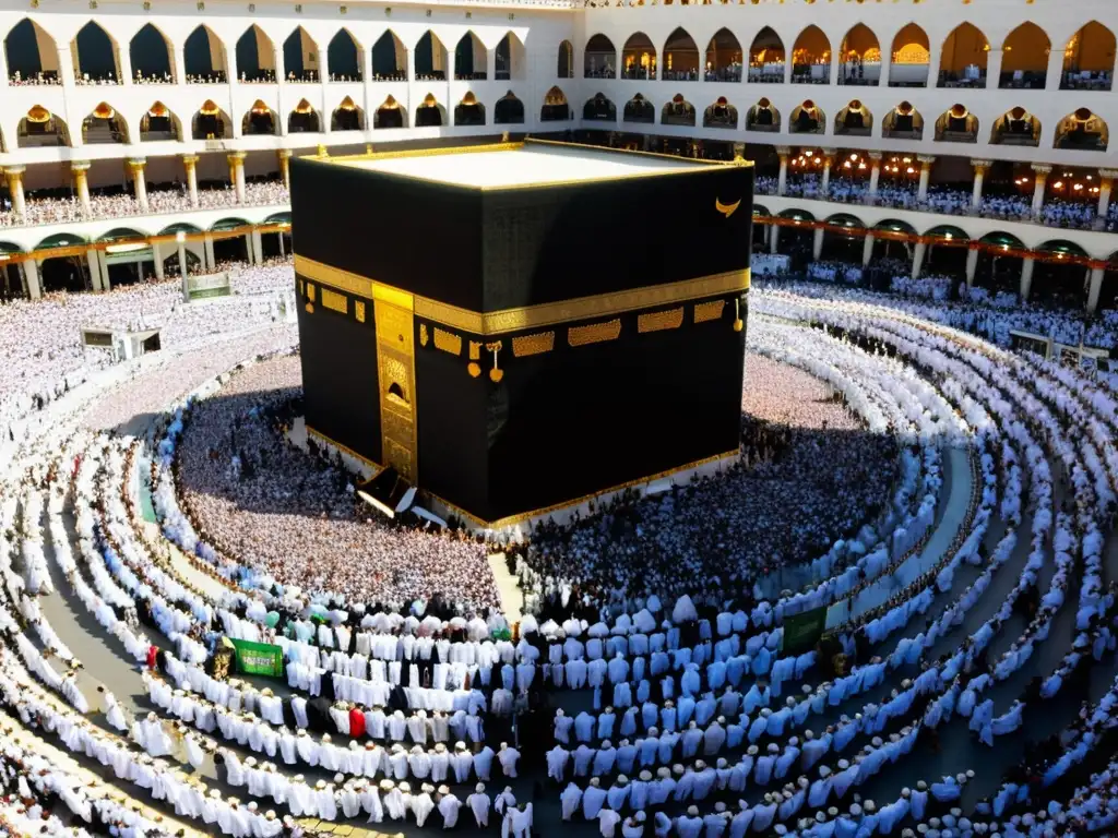 Una conmovedora escena del Hajj en Meca, con peregrinos de todo el mundo realizando el tawaf alrededor de la Kaaba al atardecer