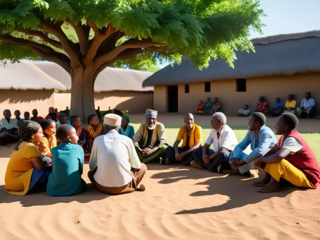 Transmisión de conocimientos culturales africanos francófonos: Ancianos cuentan historias a la comunidad bajo un árbol