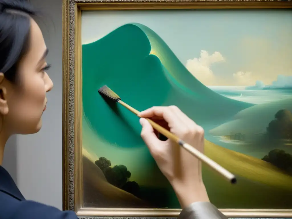 Conservador cuidadoso limpia obra de arte con técnicas preservación colección arte artesanía