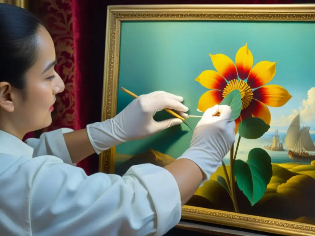 Un conservador limpia con cuidado una pintura antigua, revelando colores vibrantes y detalles intrincados