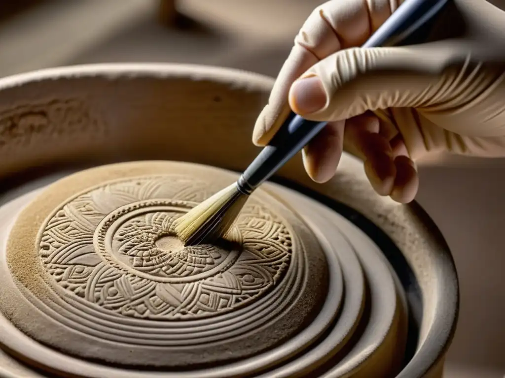 Un conservador meticuloso limpia con cuidado una antigua pieza de cerámica, destacando las técnicas de preservación en colección de arte y artesanía